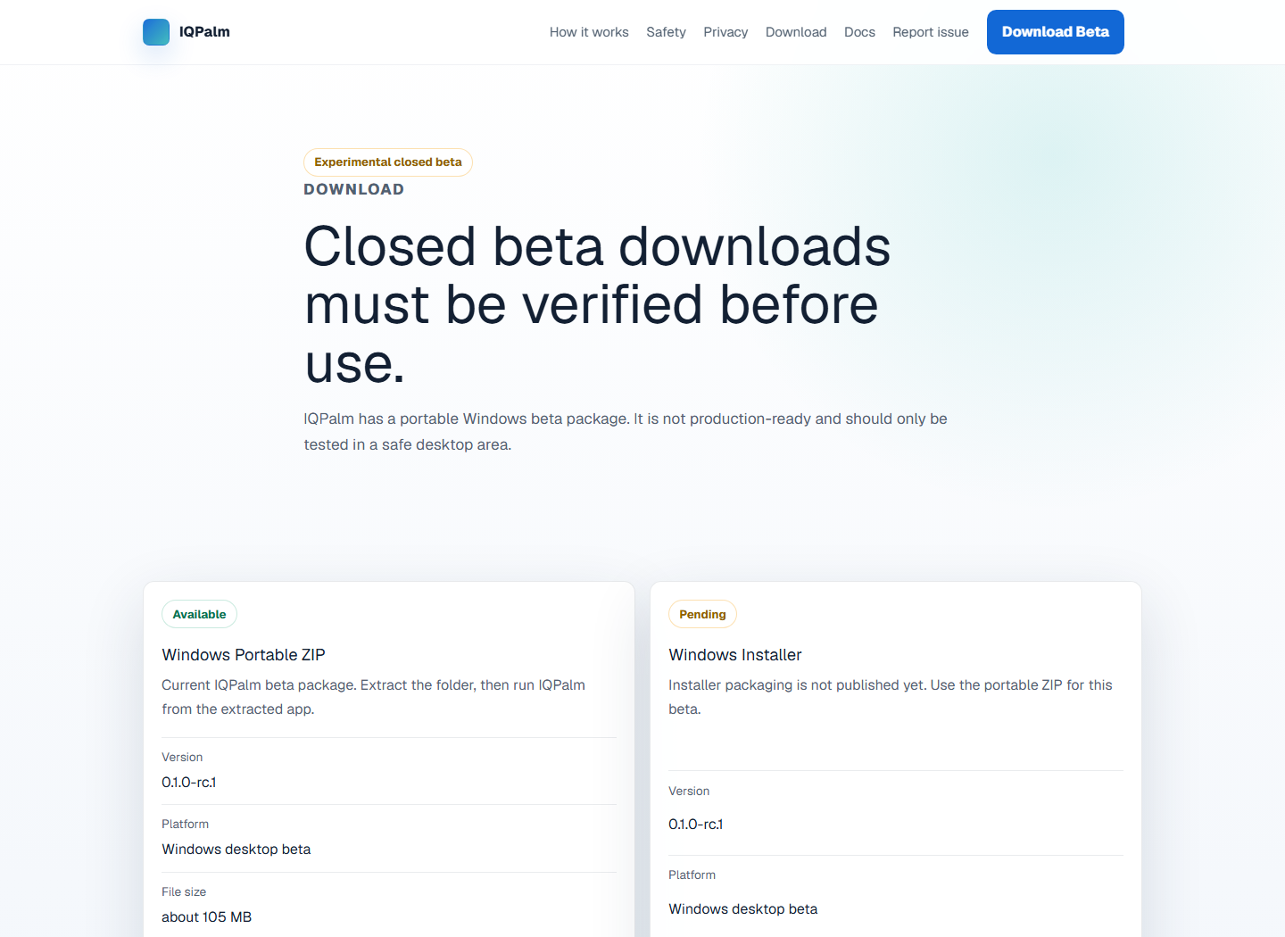 IQPalm public download page showing portable beta and installer pending state